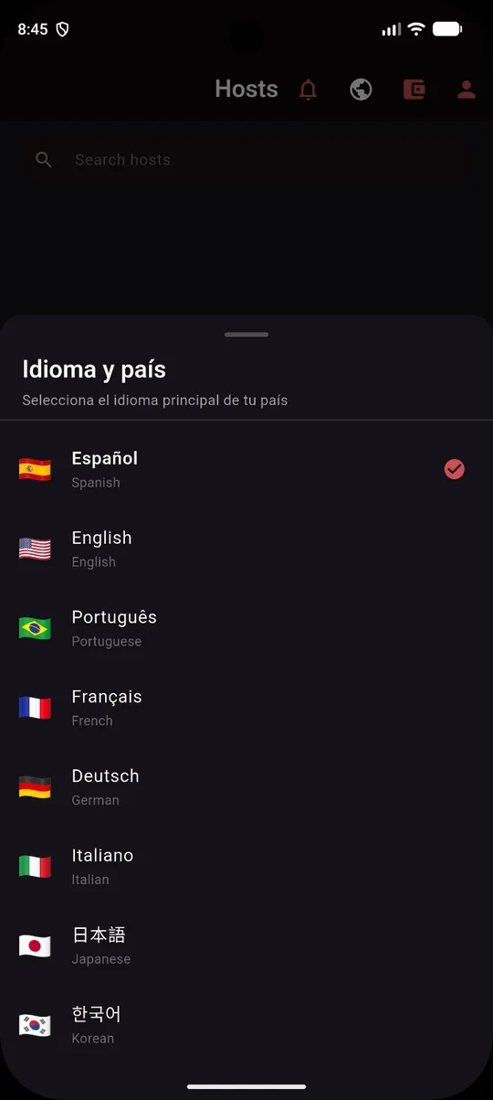 Selector de idioma de Instintos