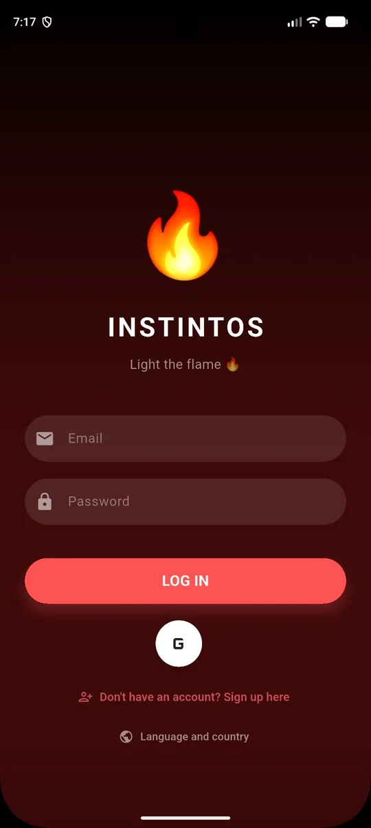 Pantalla de inicio de sesión de Instintos